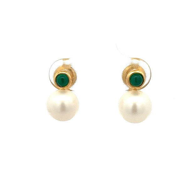 925 GOLD PLATED EARRINGS CABOUCHON ROUND GREEN ONYX