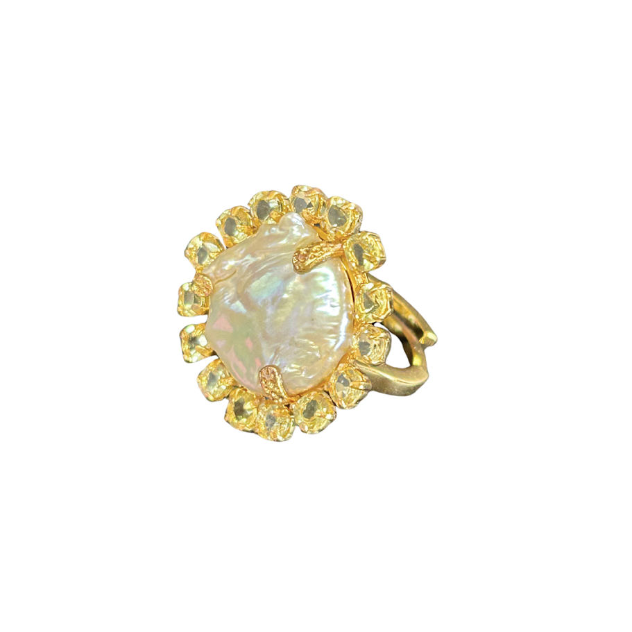 RING 15 MM ROUND COIN PEARL SURROUNDED WITH ROUND LEMON QUARTZ