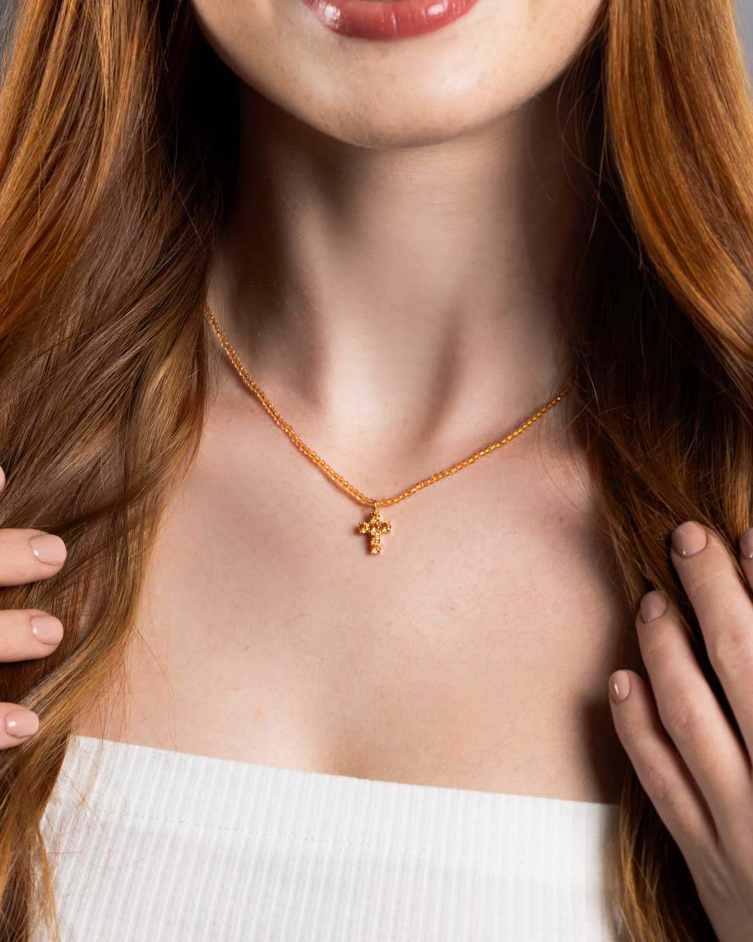 925GD MEDIUM CROSS AMBER CZ NECKLACE