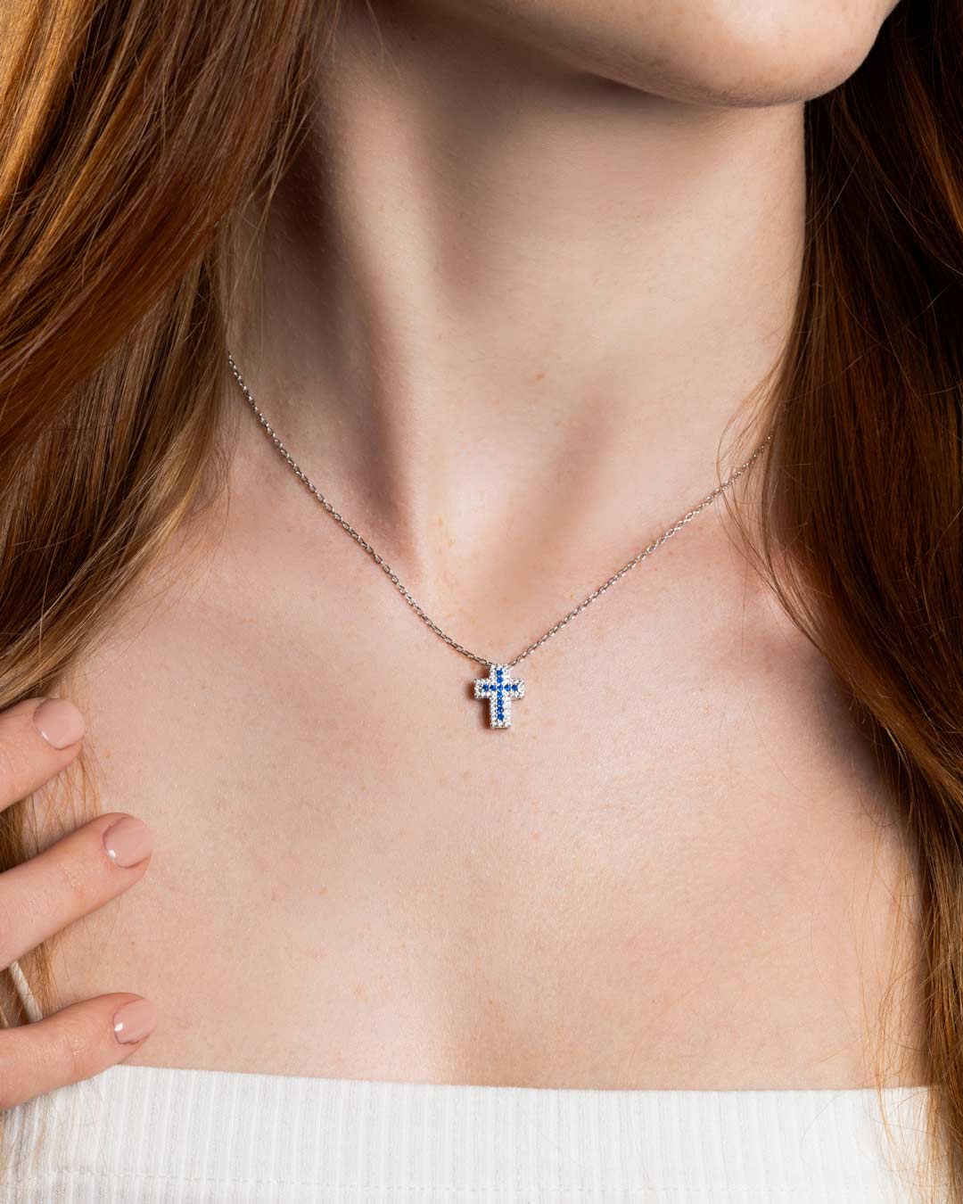 925SS CROSS PAVE MULTICOLOR CZ BLUE NECKLACE