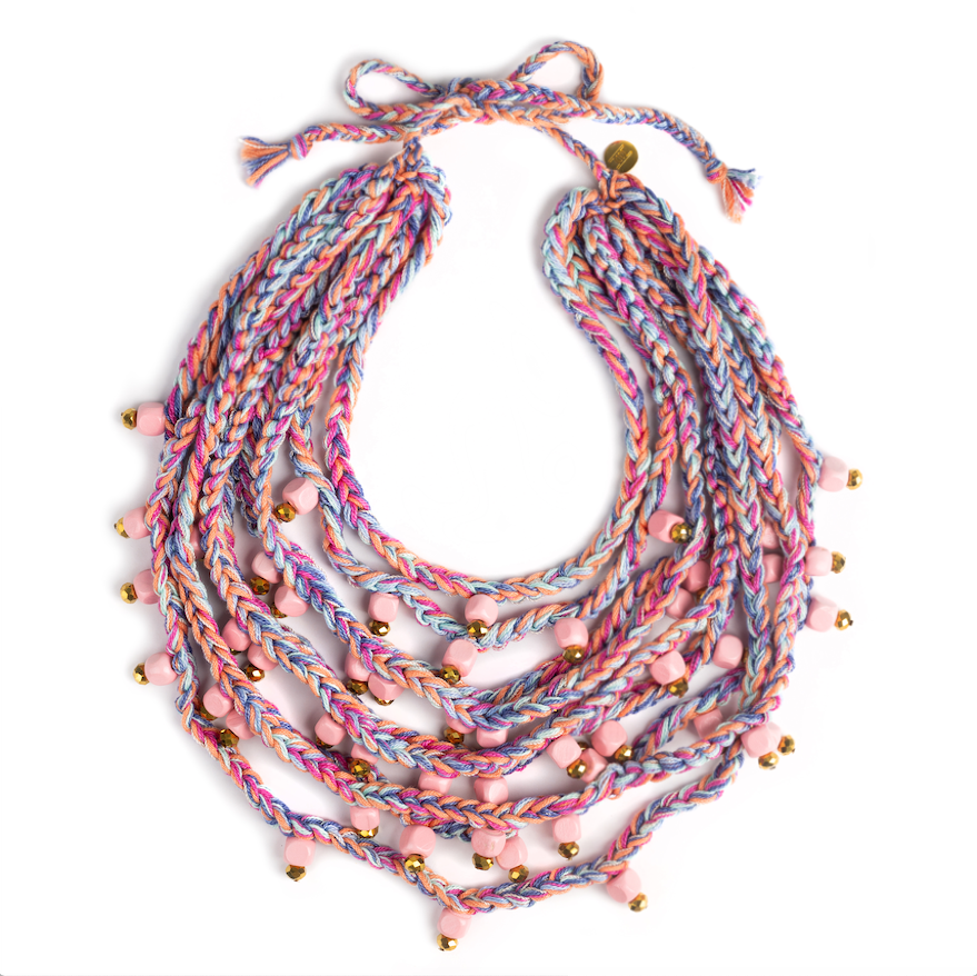 MULTICOLOR THREAD NECKLACE WITH GOLDEN AND PINK STONES