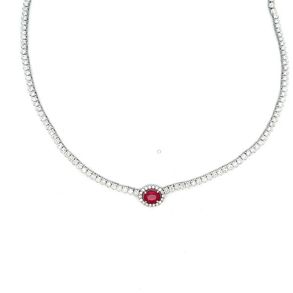 18K WHITE GOLD DIAMOND NECKLACE WITH RUBY