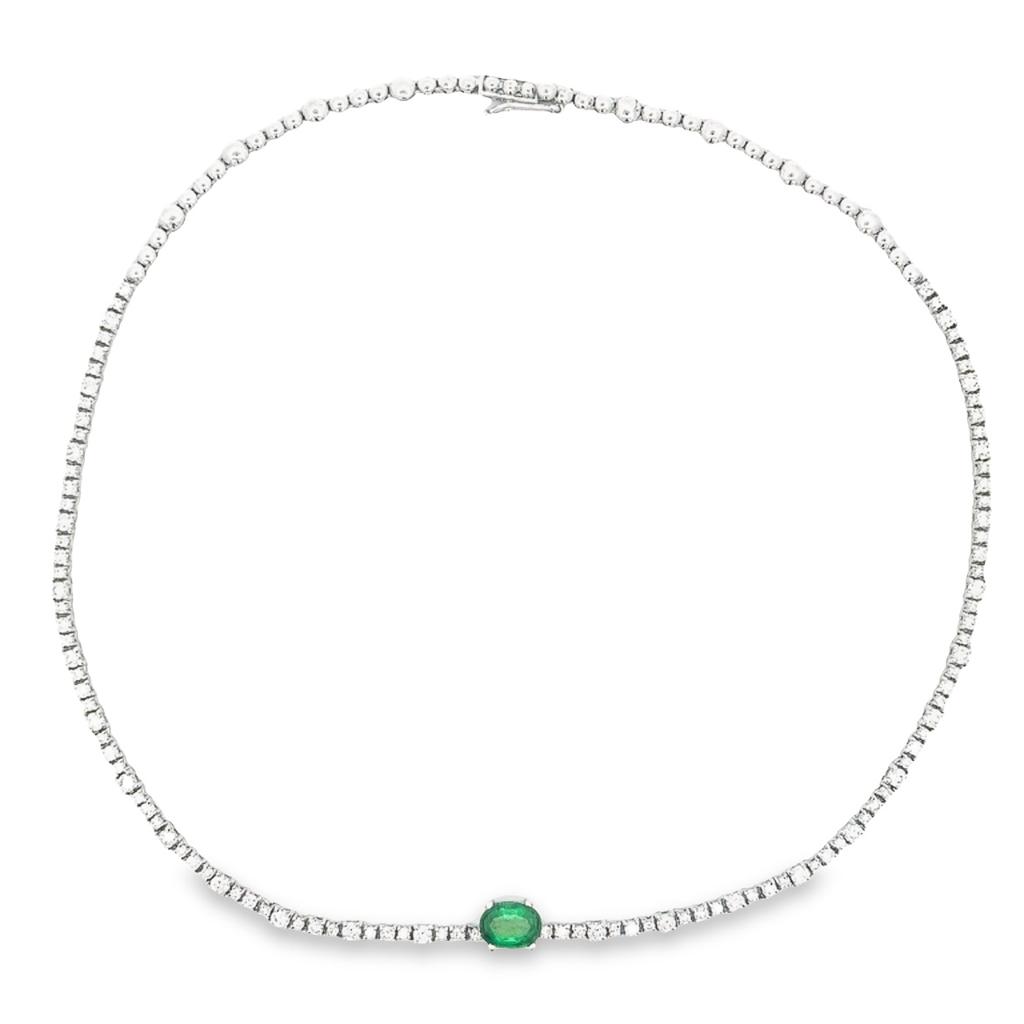 18K WHITE GOLD DIAMOND AND EMERALD TENNIS NECKLACE