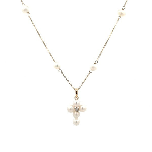14K GOLD CROSS PEARL NECKLACE WITH DIAMONDS