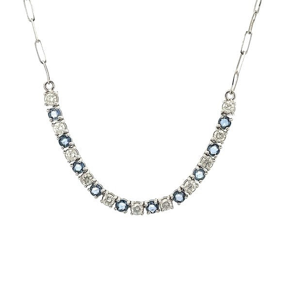 14K WHITE GOLD BLUE SAPPHIRE AND DIAMOND TENNIS NECKLACE