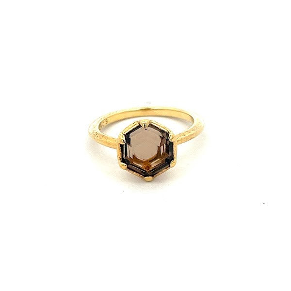 925 SILVER GOLD PLATED HEXAGONAL RING WITH SMOKY QUARTZ