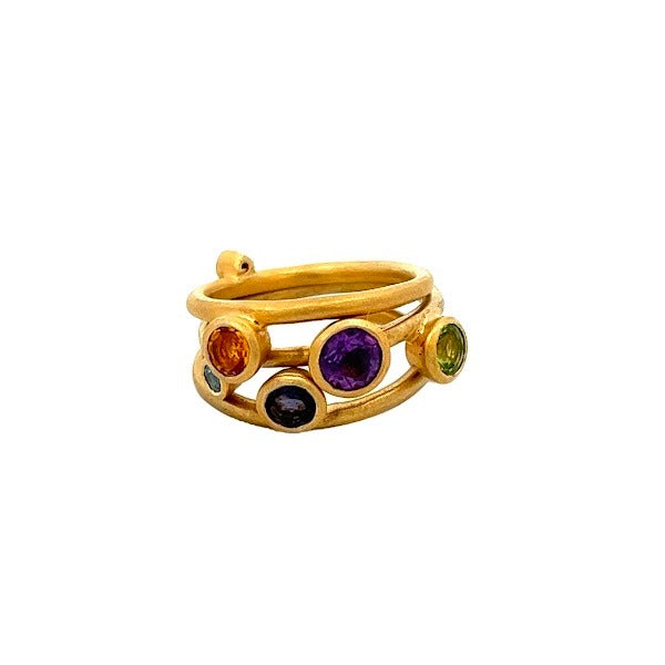 925 SILVER GOLD PLATED RING WITH BRAZILIAN AMETHYST, CITRINE, GARNET AND IOLITE