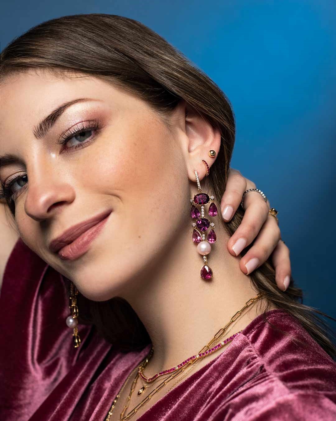 18K GOLD TOURMALINE AND PEARL LONG EARRINGS