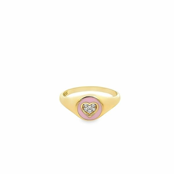 925 GOLD PLATED HEART RING WITH PINK ENAMEL AND CRYSTALS