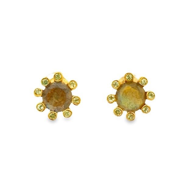 ARETES REDONDOS CON CITRINA Y LABRADORITA EN PLATA 925 CON BAÑO DE ORO AMARILLO - C'SANTOS