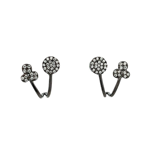 925 BLACK PLATED CIRCLE AND THREE LEAF CLOVER FOLDED EARRINGS