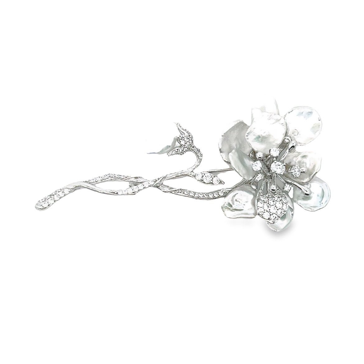 BROOCH SILVER CENTER CZ WHITE WHITE PEARL - C'SANTOS