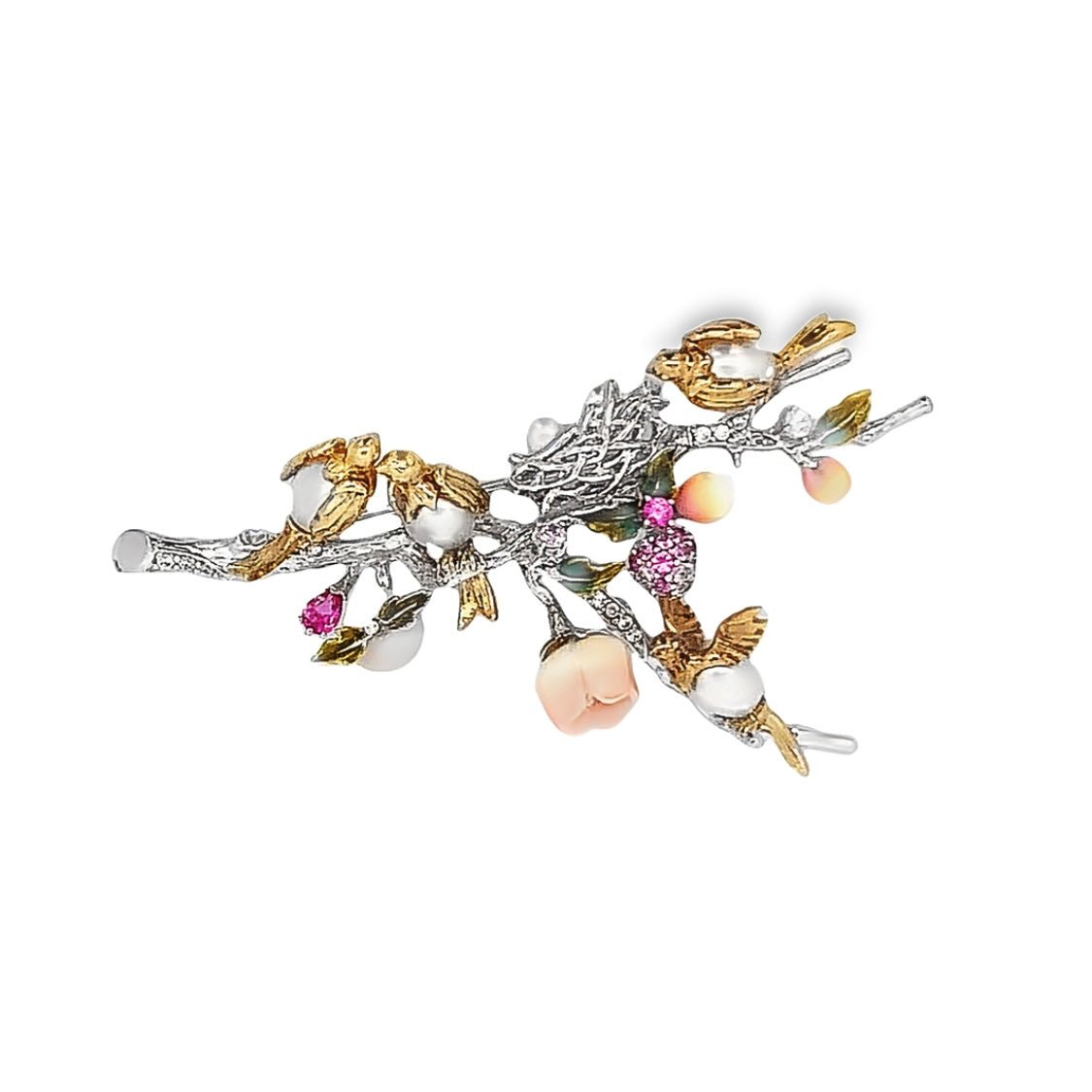 BROOCH SILVER CENTER FL SHELL PINK CZ MIX BEAD RQ FRESH WATER WHITE PEARL - C'SANTOS