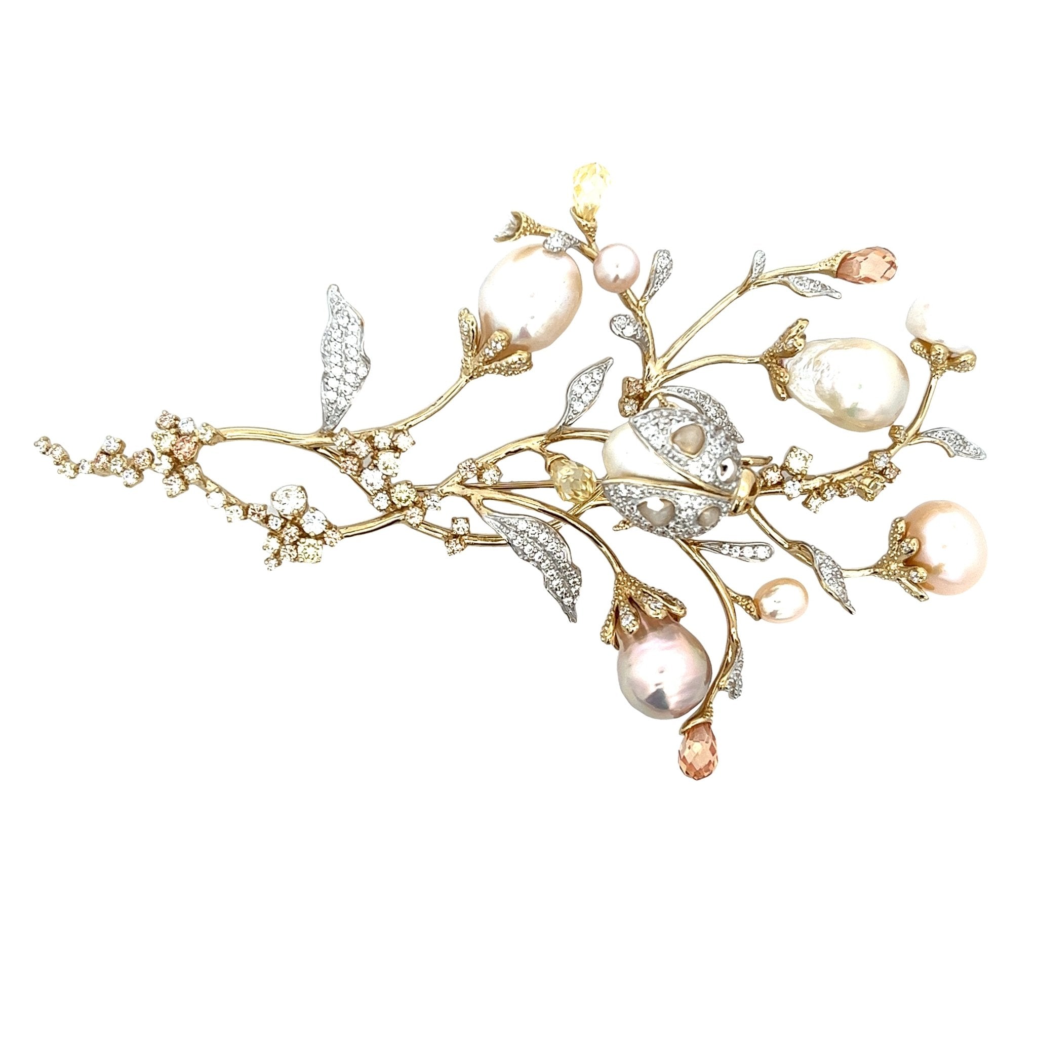 BROOCH SILVER CENTER FRESH WATER PEARL CANNARY CHAMPANGE WHITE CZ - C'SANTOS