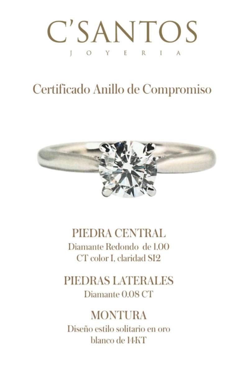 C005072/1034644 D0.08CT 14KW MONTURA SOLITARIO T6.5 DC 1.00CT RD - C'SANTOS