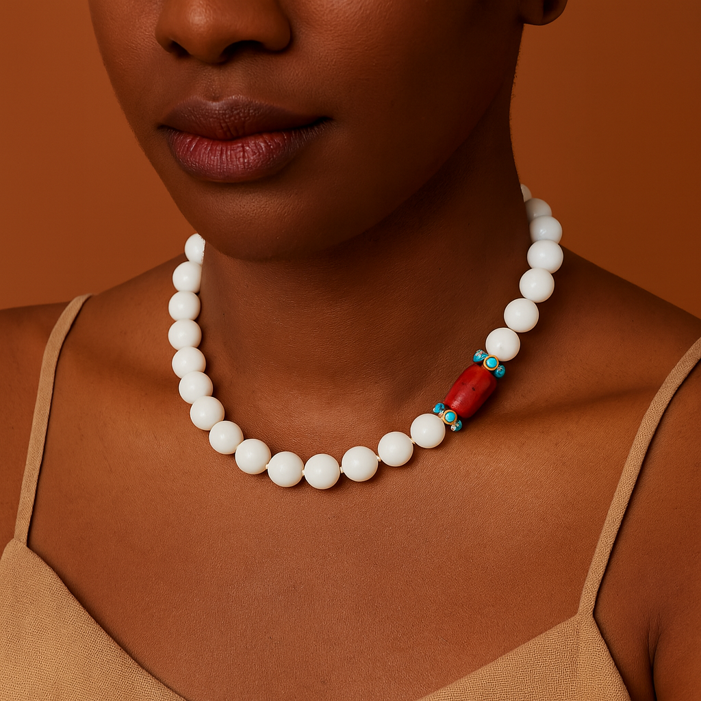 NECKLACE SINGLE STRAND OF WHITE ROUND AGATE WITH ONE ORANGE CORAL STATION AND TURQOUISE SET RONDELLE