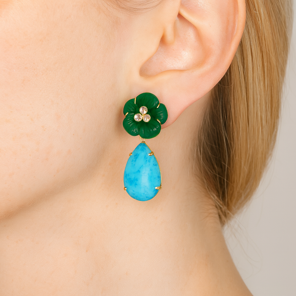 EARRINGS 28MM GREEN AGATE FLOWER AND CLEAR QUARTZ CENTER WITH 30X20 TURQUOISE DROPS
