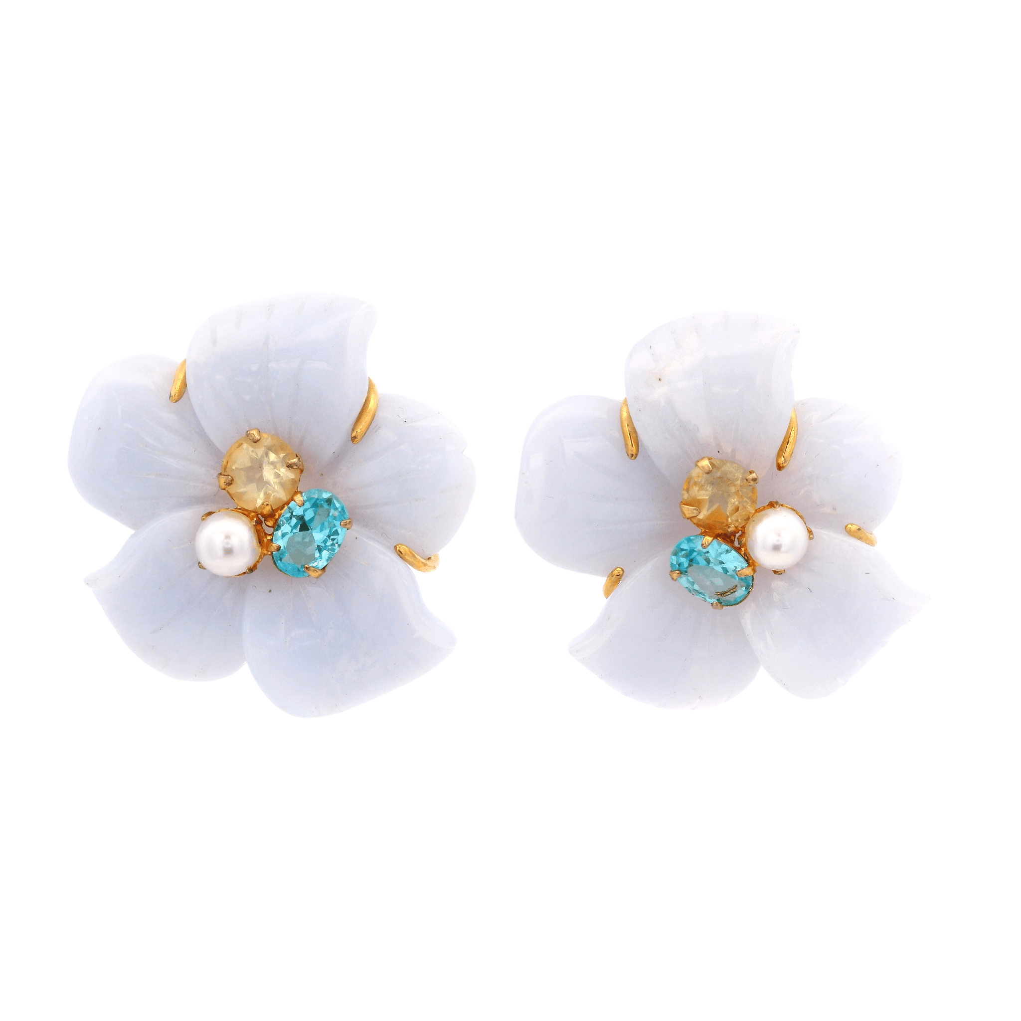 CARVED BLUE LACE FLOWER EARRINGS SET WITH LEMON QUARTZ GREEN AMETHYST AND PEARL - C'SANTOS