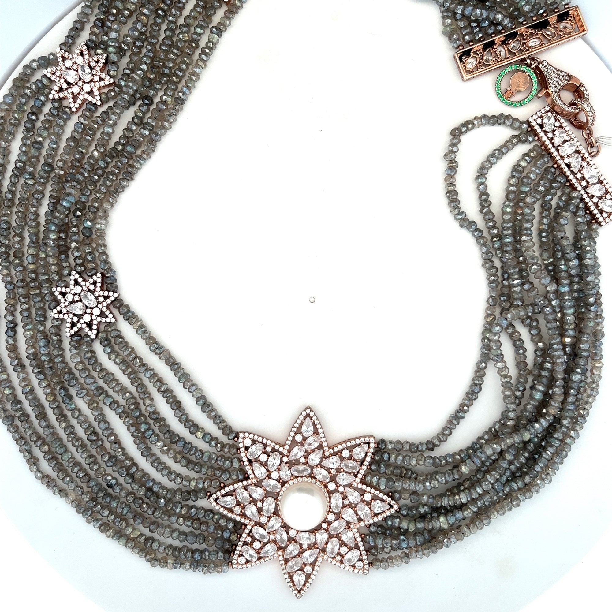 COLLAR HILOS DE LABRADORITA CON DIJES DE ESTRELLA Y PERLA - C'SANTOS