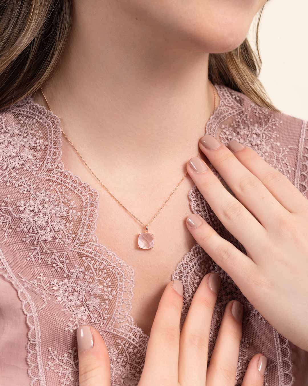 ROSE QUARTZ CUSHION NECKLACE SET IN 925 SILVER ROSE GOLD PLATED