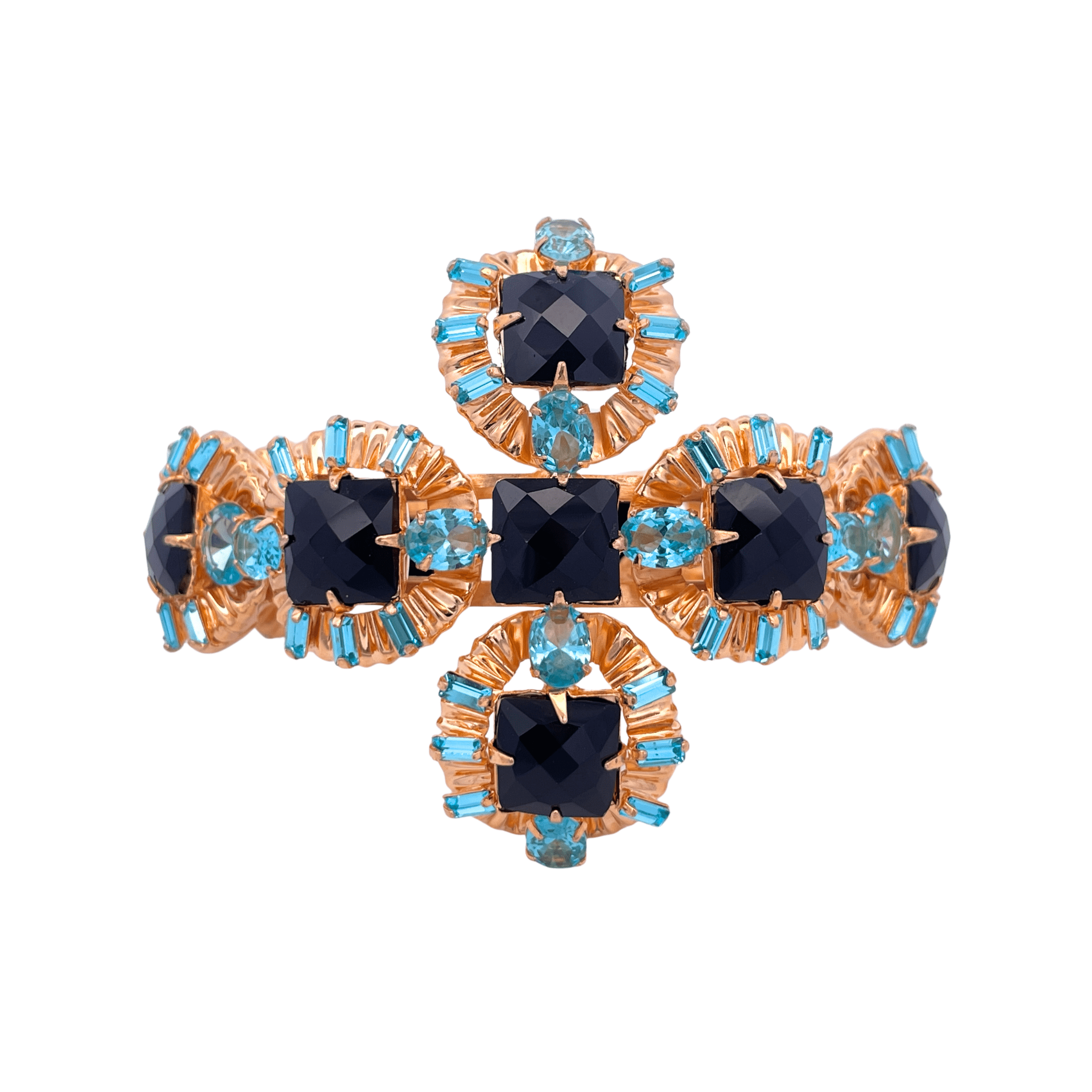 CUFF MALTESE CROSS WITH OVAL METAL SHAPES SET WITH BLAK ONYX AND BLUE QUARTZ - C'SANTOS