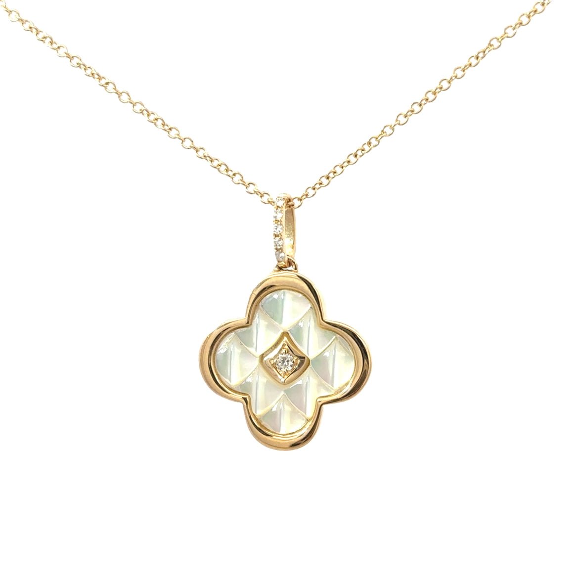 D0.04CT 14KY CLOVER BEZEL TEXTURE CENTER DIAMOND NECKLACE MOP 1.33CT - C'SANTOS