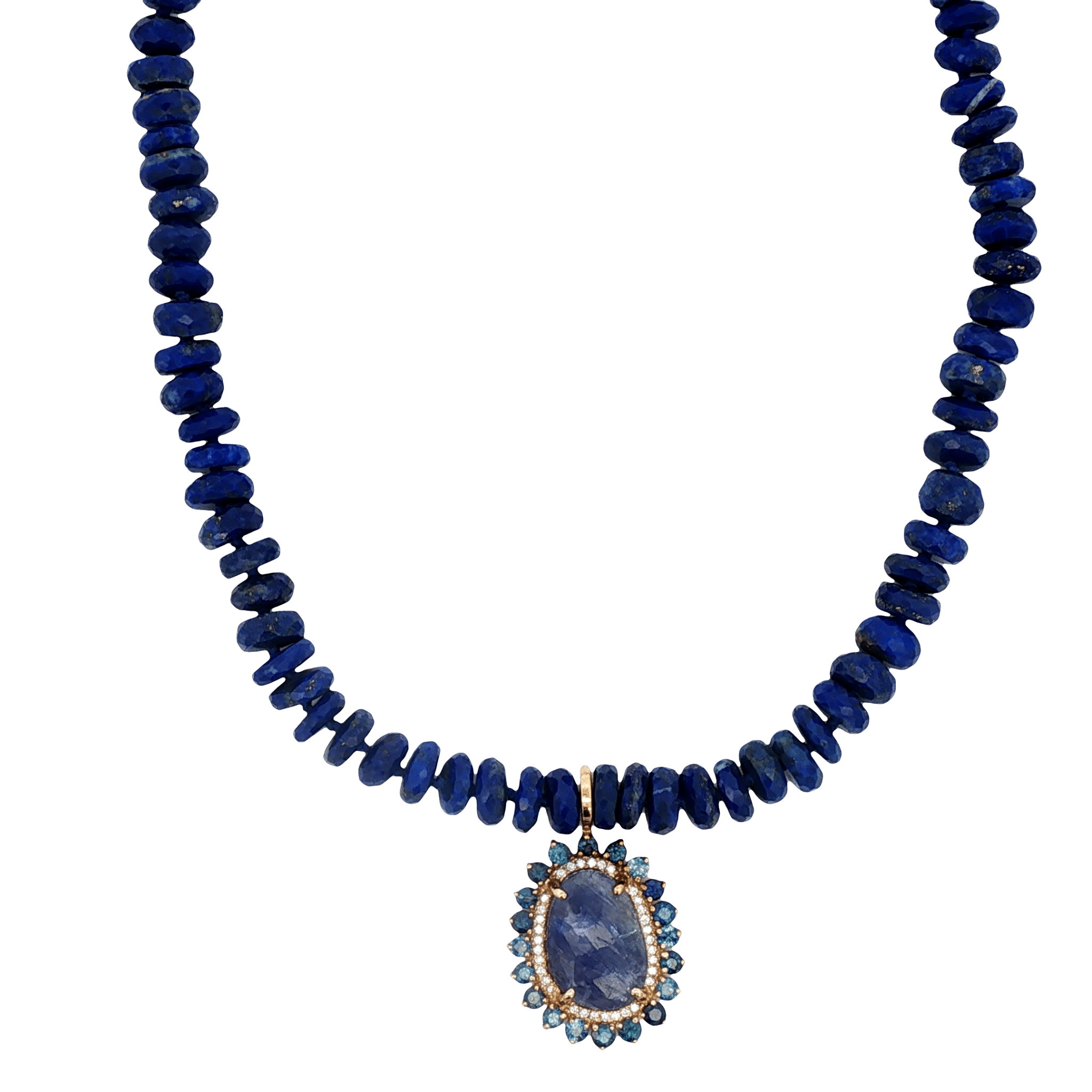 D0.17CT 14KY NECKLACE LAPISLAZULI TANZANITE CHARM 5.5CT AND BLUE SAPPHIRES HALO - C'SANTOS