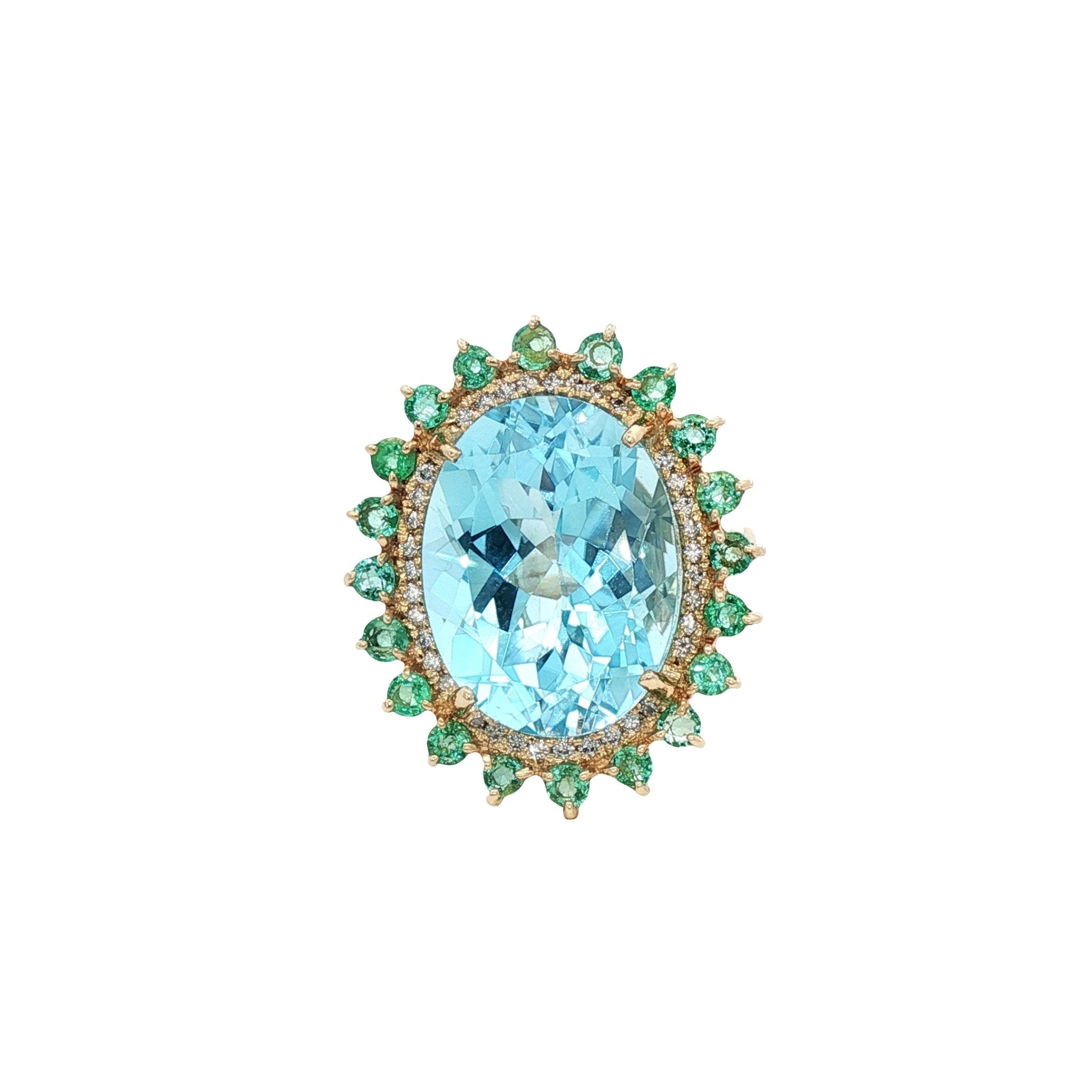 D0.19CT 14KY RING LIGHT BLUE TOPAZ 13CT AND EMERALDS T6 - C'SANTOS