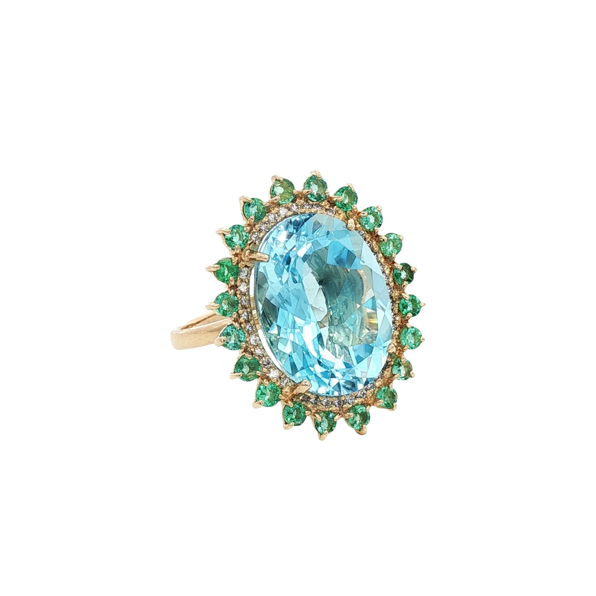 D0.19CT 14KY RING LIGHT BLUE TOPAZ 13CT AND EMERALDS T6 - C'SANTOS