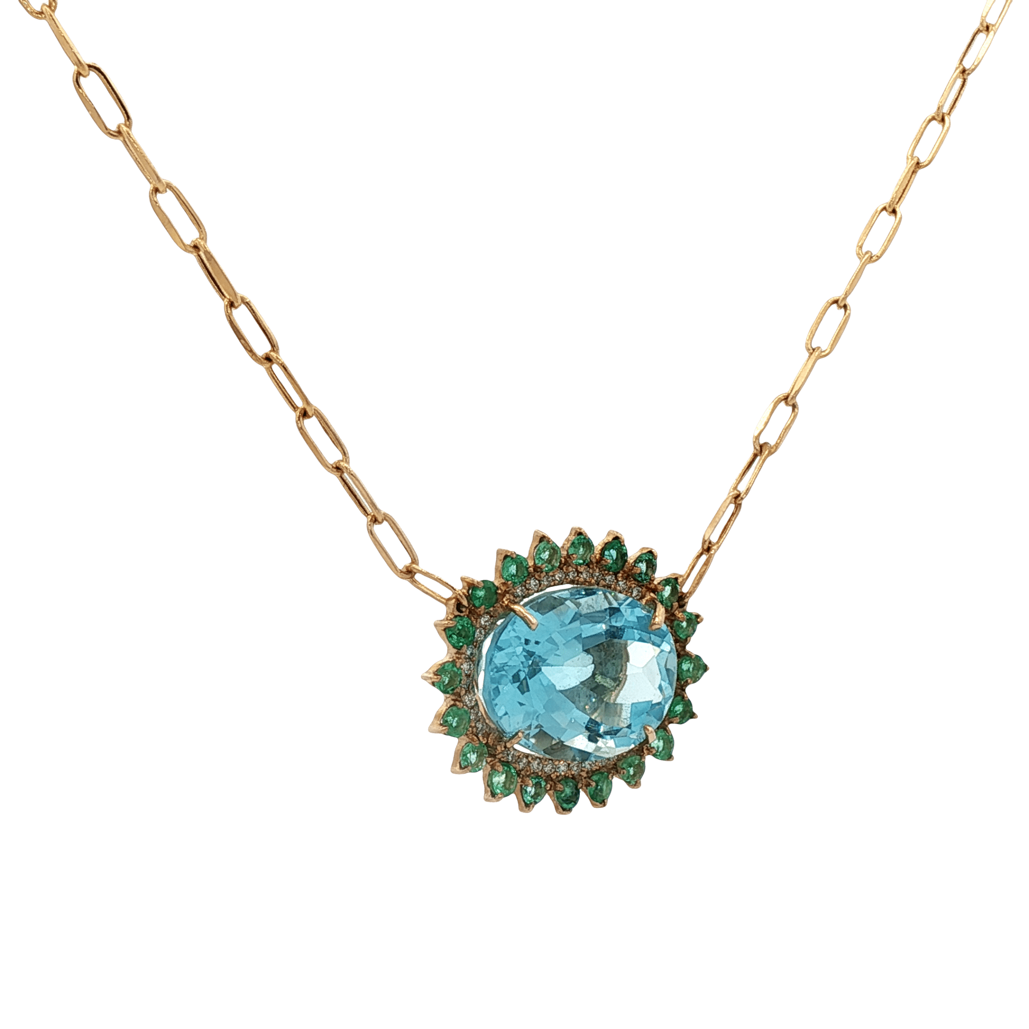 D0.20CT 14KY NECKLACE LIGHT BLUE TOPAZ 12.5CT AND EMERALDS - C'SANTOS