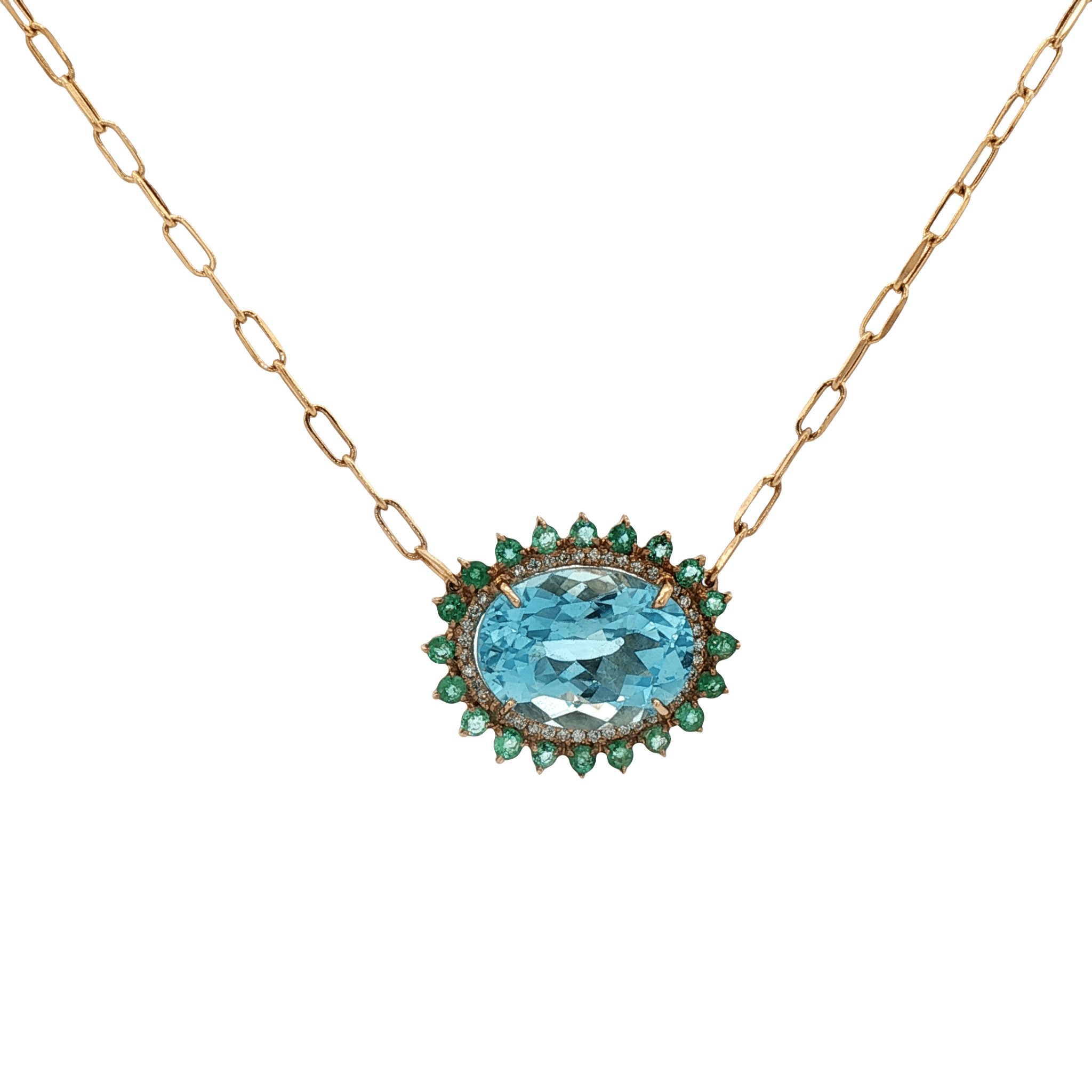 D0.20CT 14KY NECKLACE LIGHT BLUE TOPAZ 12.5CT AND EMERALDS - C'SANTOS