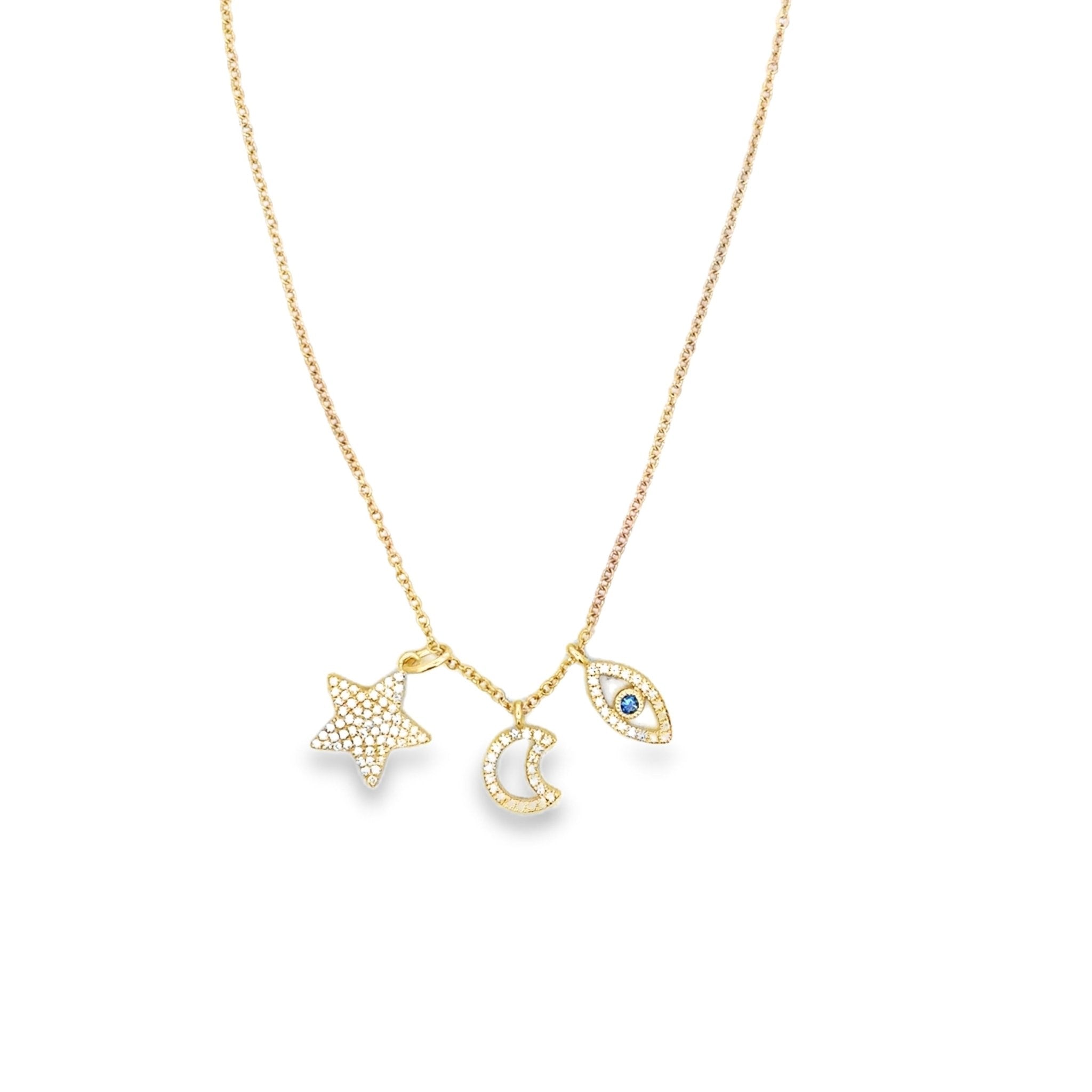 D0.21CT 14KY MULTI CHARM STAR EVIL EYE MOON NECKLACE BS0.03CT - C'SANTOS