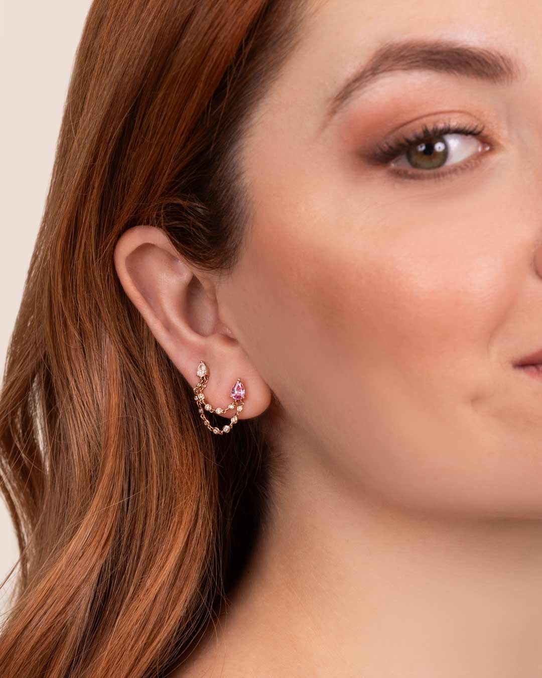 D0.27 14KR PEAR PINK SAPPHIRE AND DIAMOND CHAIN EARRING - C'SANTOS