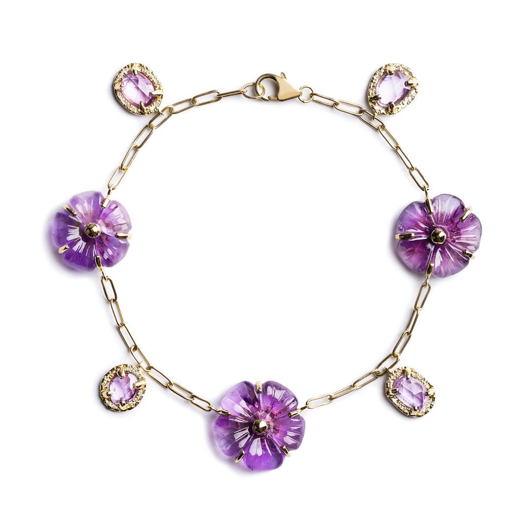 D0.29 CT PULSERA ORO AMARILLO 14KT CON FLORES AMATISTA Y AMATISTA POLKI - C'SANTOS