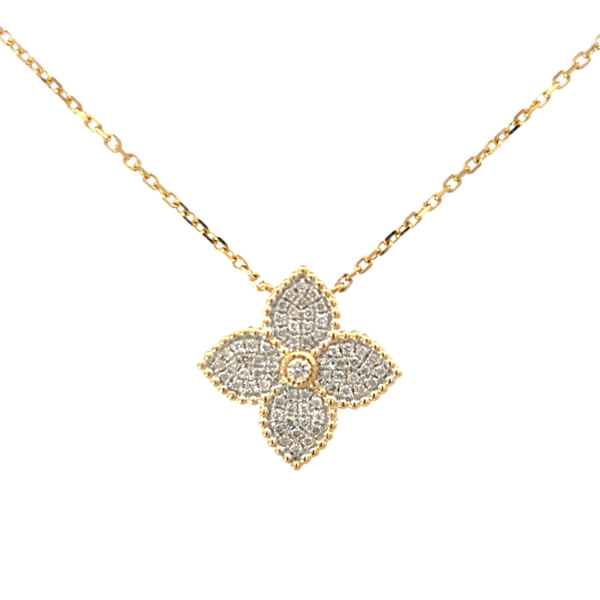 D0.29CT 14KY FLOWER CLOVER PAVE NECKLACE - C'SANTOS
