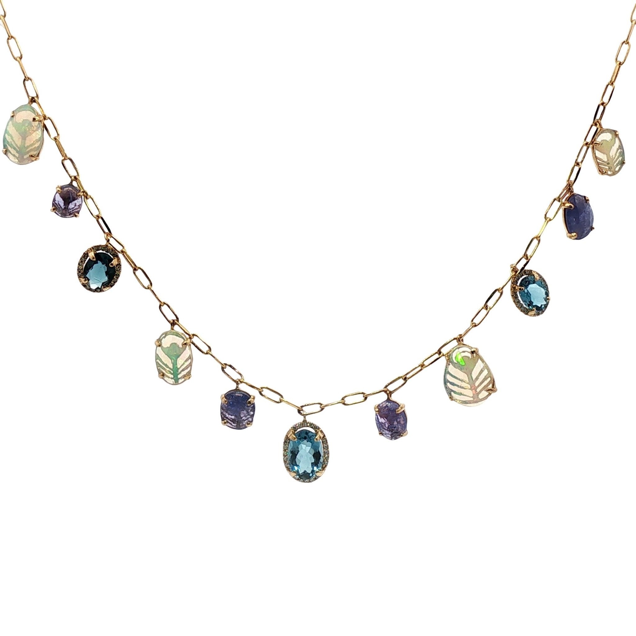 D0.30CT 14KY NECKLACE TANZANITE 2CT LONDON BLUE TOPAZ 3CT AND OPALS 1.8CT - C'SANTOS