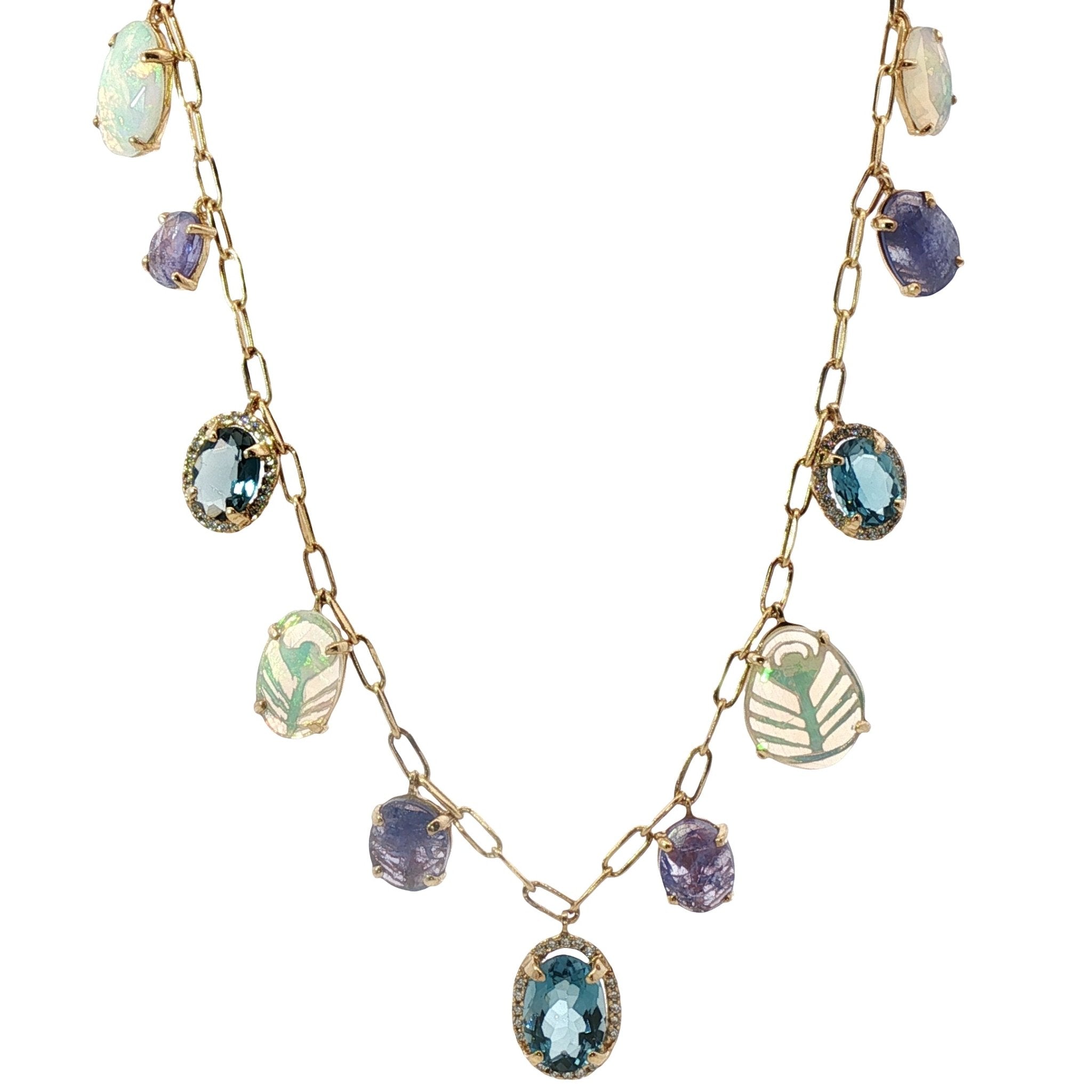D0.30CT 14KY NECKLACE TANZANITE 2CT LONDON BLUE TOPAZ 3CT AND OPALS 1.8CT - C'SANTOS