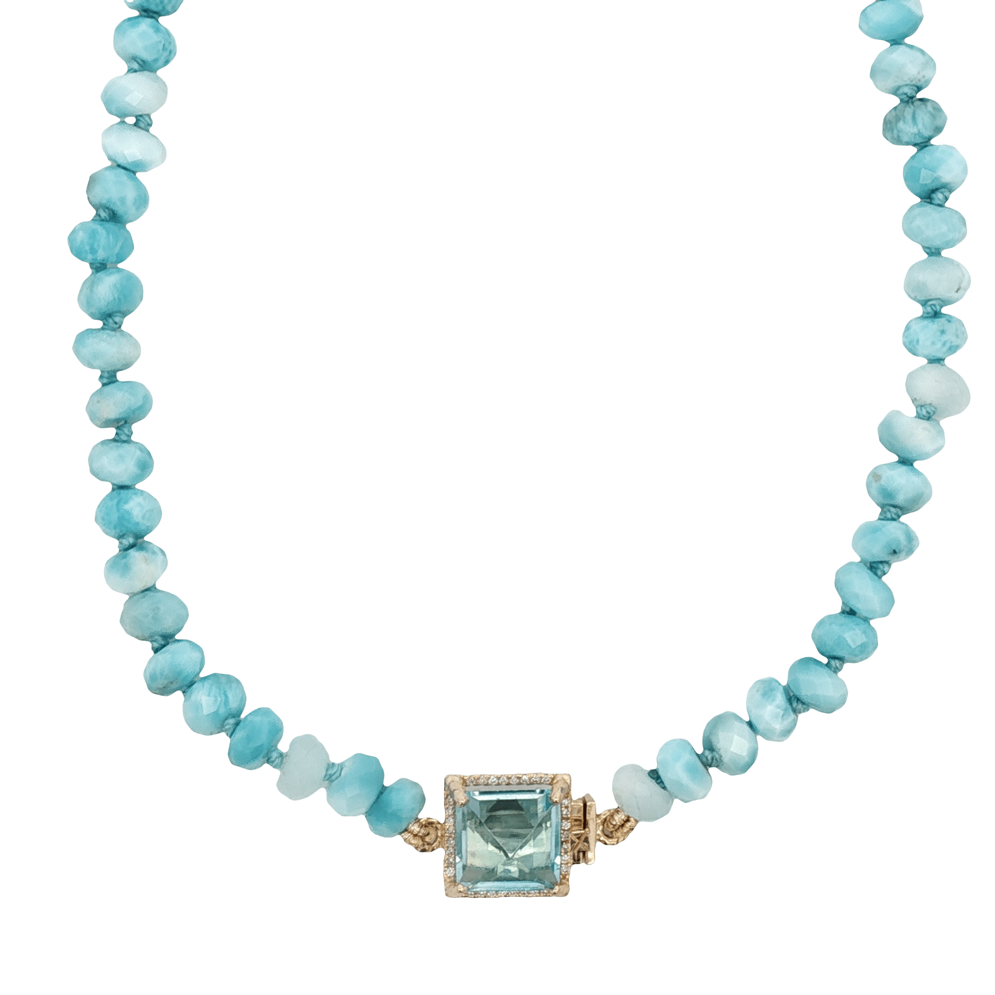 D0.81CT 14KY MULTI CHARM LARIMAR BEADS NECKLACE TURQUOISE LIGHT BLUE TOPAZ 17CT TOURMALINE 3CT LONDON BLUE TOPAZ 7CT - C'SANTOS