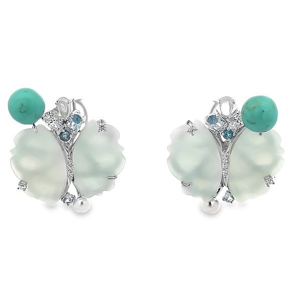 EARRING SILVER CENTER BLUE QUARTZ MOONSTONE BLUE SYN TURQUOISE WHITE CZ - C'SANTOS