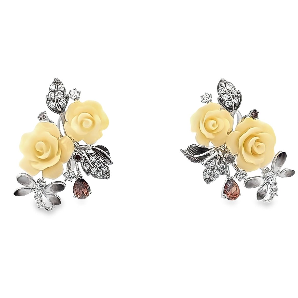 EARRING SILVER CENTER FL WHITE BROWN CZ WHITE CZ - C'SANTOS