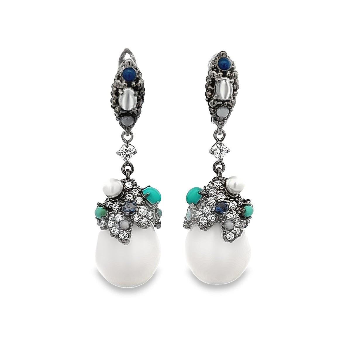 EARRING SILVER CENTER ONYX WHITE MOON STONE SYN TURQUOISE BLUE WHITE CZ - C'SANTOS