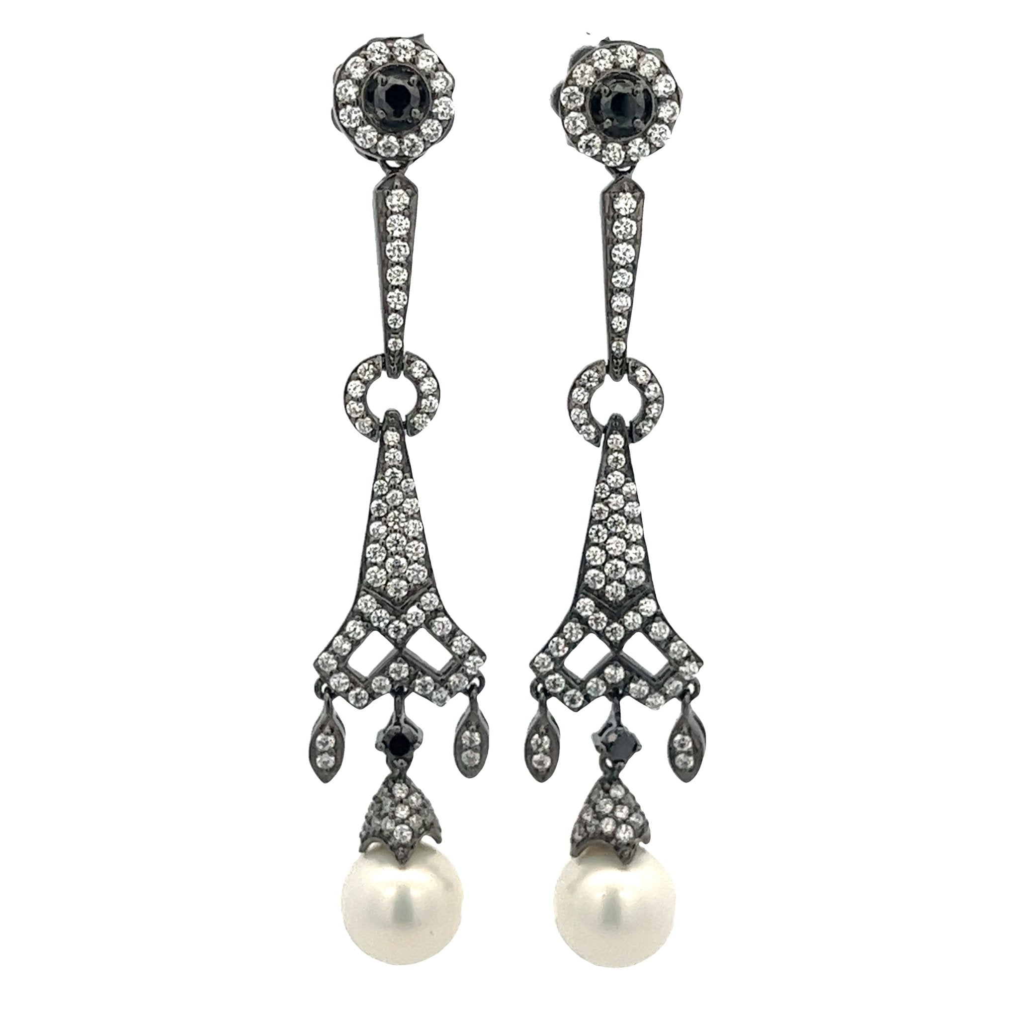 EARRING SILVER CENTER SYN WHITE PEARL BLACK CZ WHITE CZ - C'SANTOS