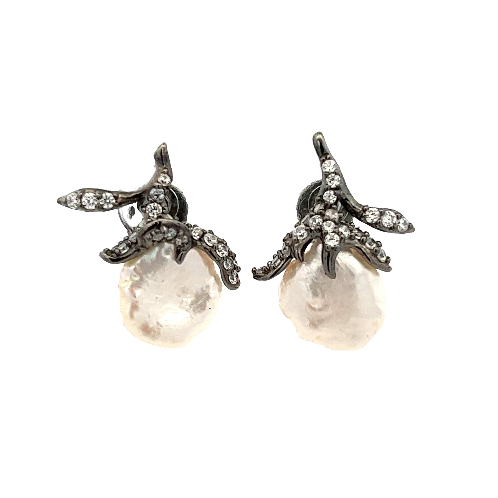 EARRING SILVER CENTER WHITE CZ FRESH WATER PEARL WHITE BP - C'SANTOS