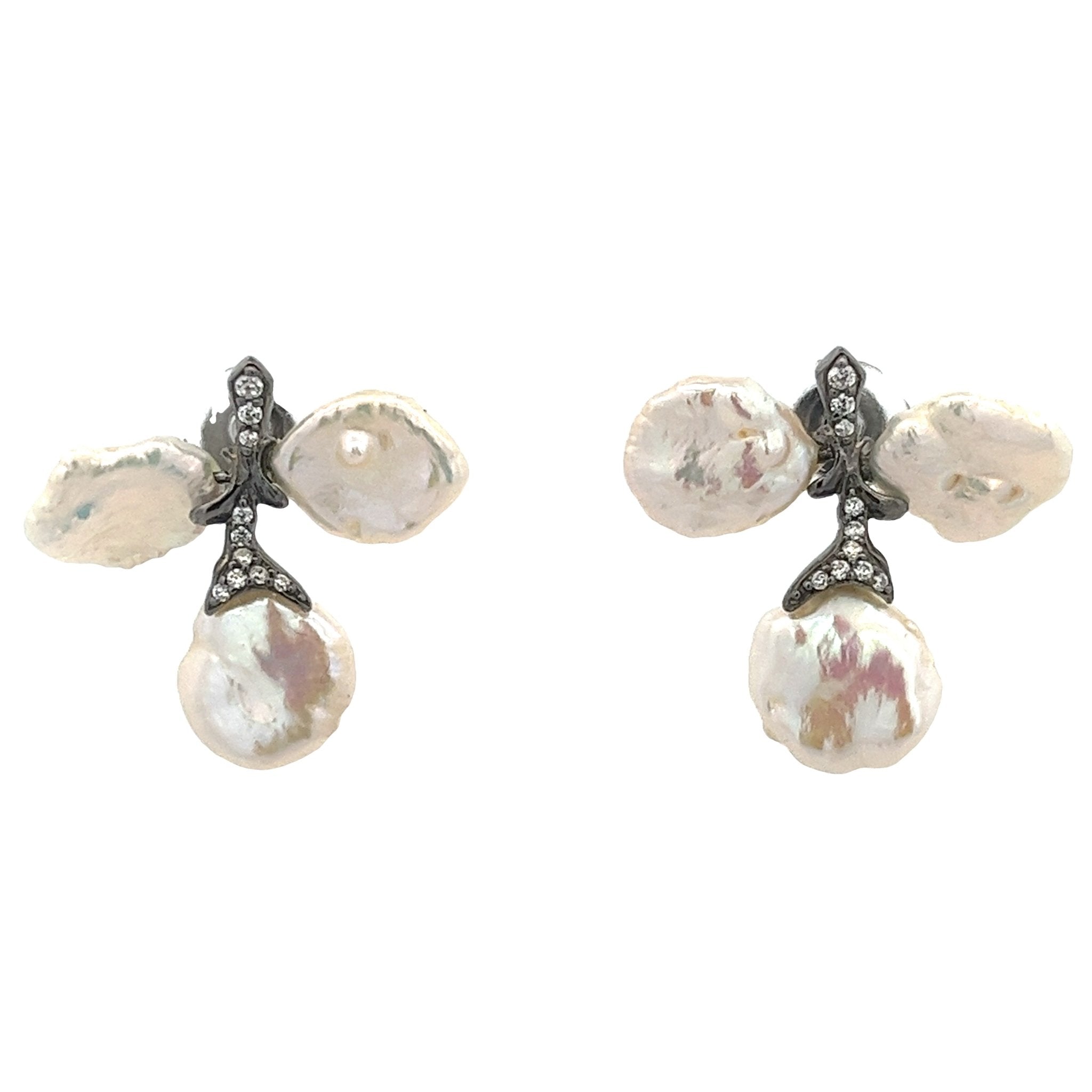 EARRING SILVER CENTER WHITE CZ FRESH WATER PEARL WHITE BP - C'SANTOS