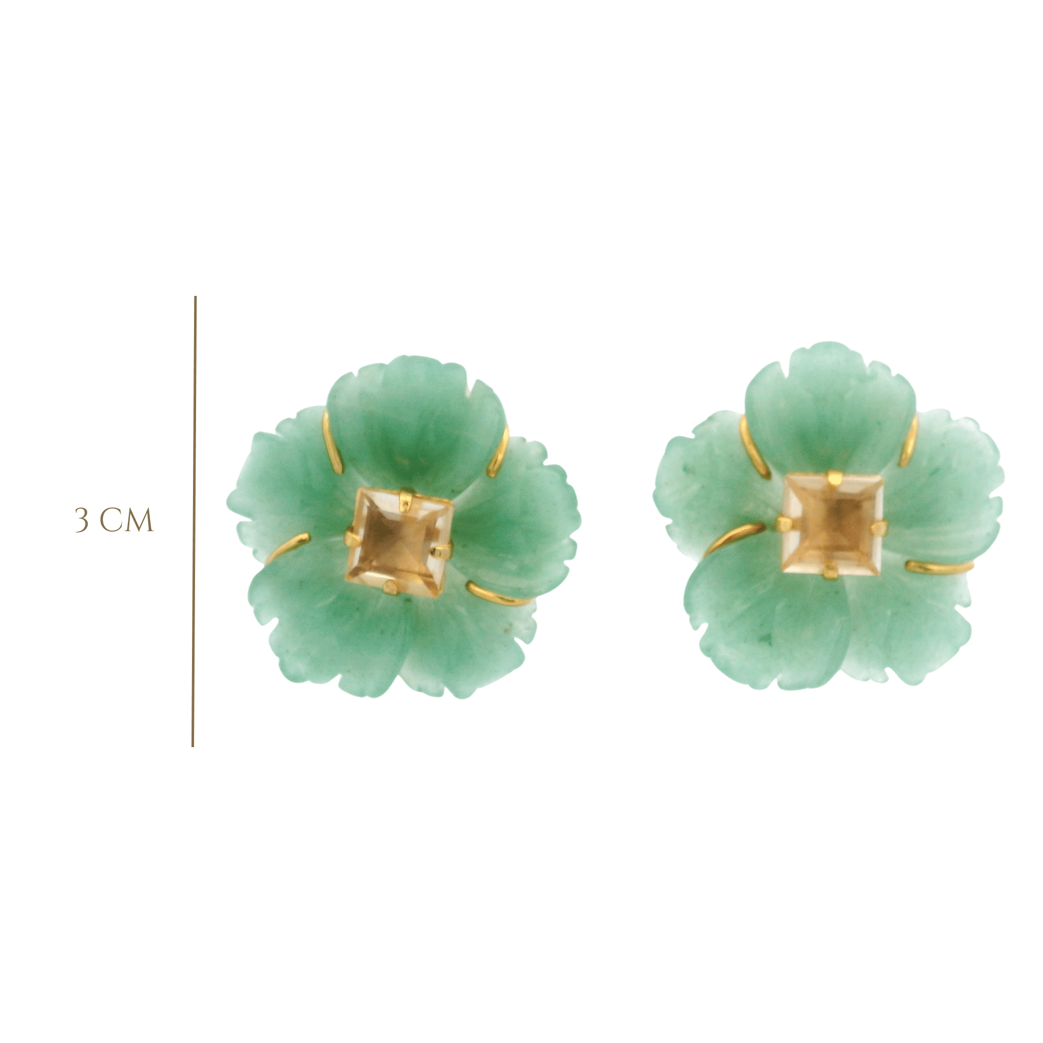 EARRINGS 30MM CARVED GREEN AVENTURINE FLOWER CENTERED WITH A SQUARE LEMON QUARTZ - C'SANTOS