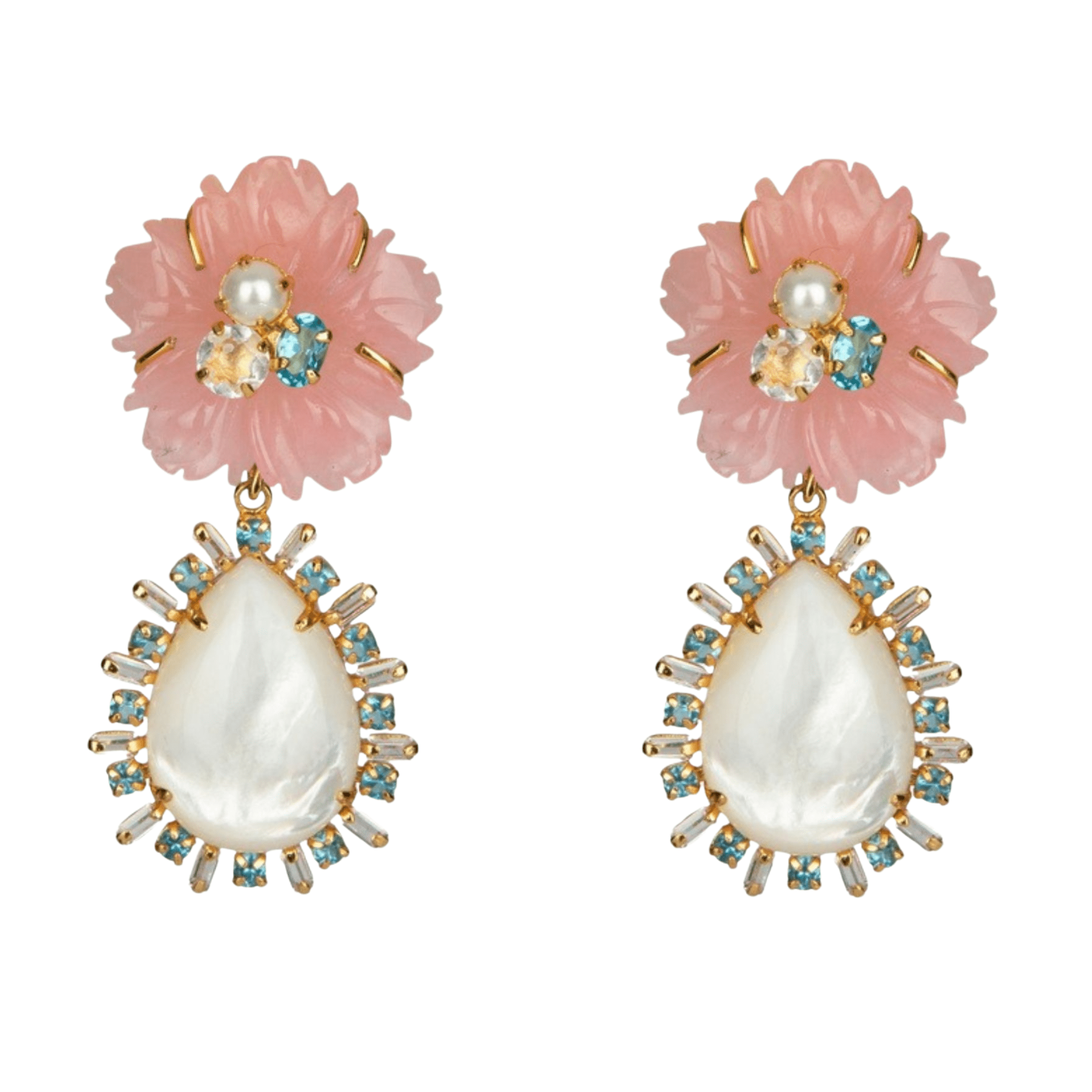 EARRINGS CARVED ROSE QUARTZ FLOWER WITH PEAR MOTHER OF PEARL DROP SURROUNDED WITH BLUE TOPAZ AND CLE - C'SANTOS