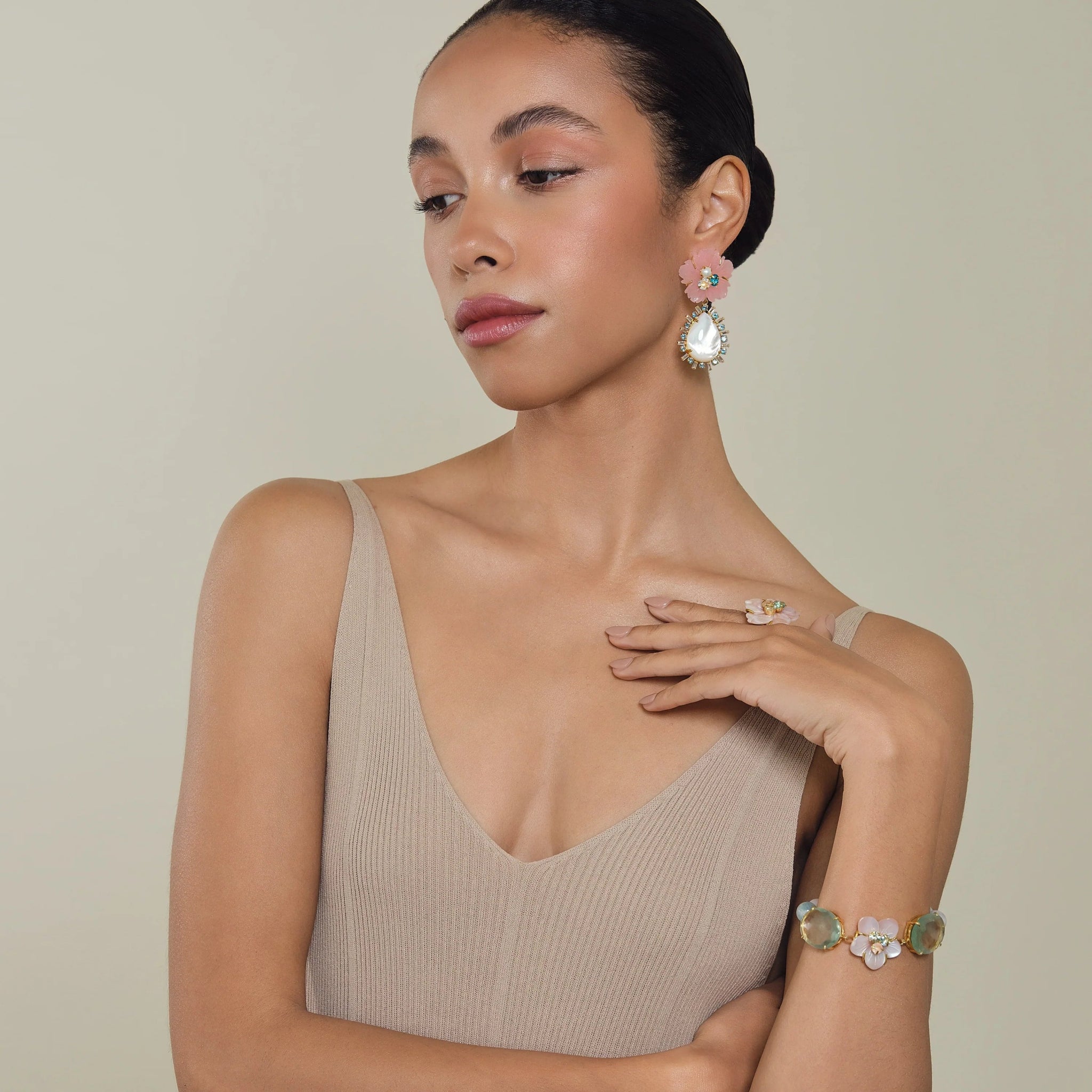 EARRINGS CARVED ROSE QUARTZ FLOWER WITH PEAR MOTHER OF PEARL DROP SURROUNDED WITH BLUE TOPAZ AND CLE - C'SANTOS