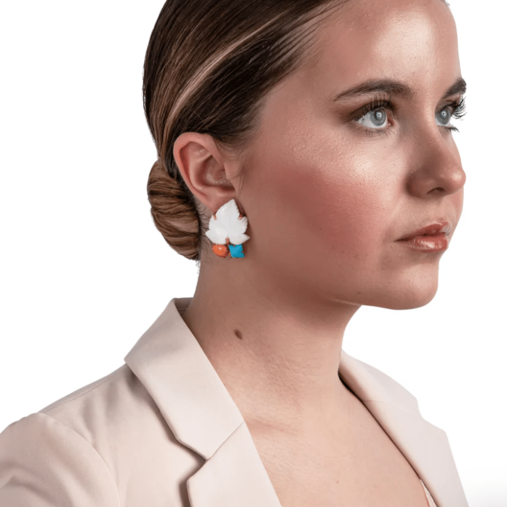 EARRINGS CARVED WHITE AGATE LEAF WITH TURQUOISE AND SPINY OYESTER - C'SANTOS