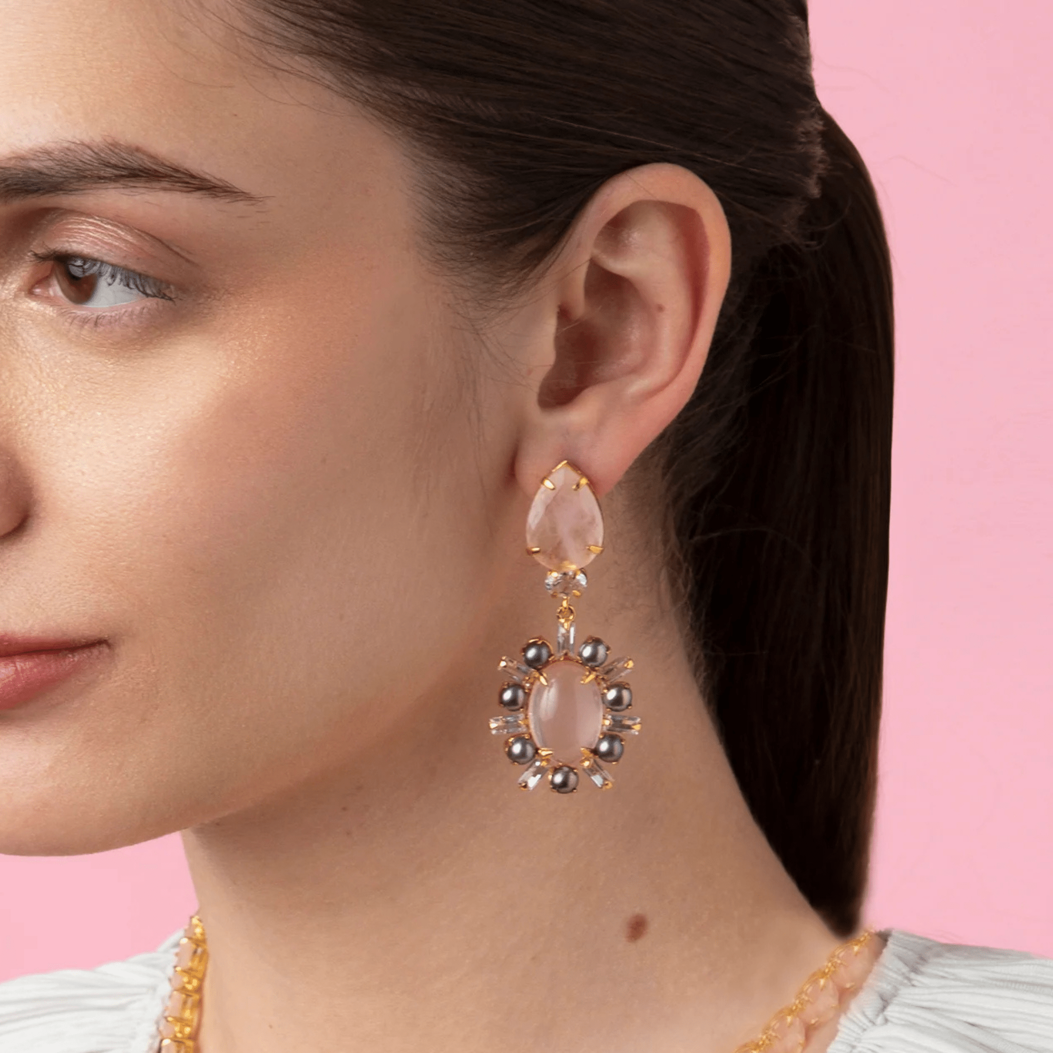 EARRINGS CLEAR QUARTZ AND GREY PEARLS - C'SANTOS