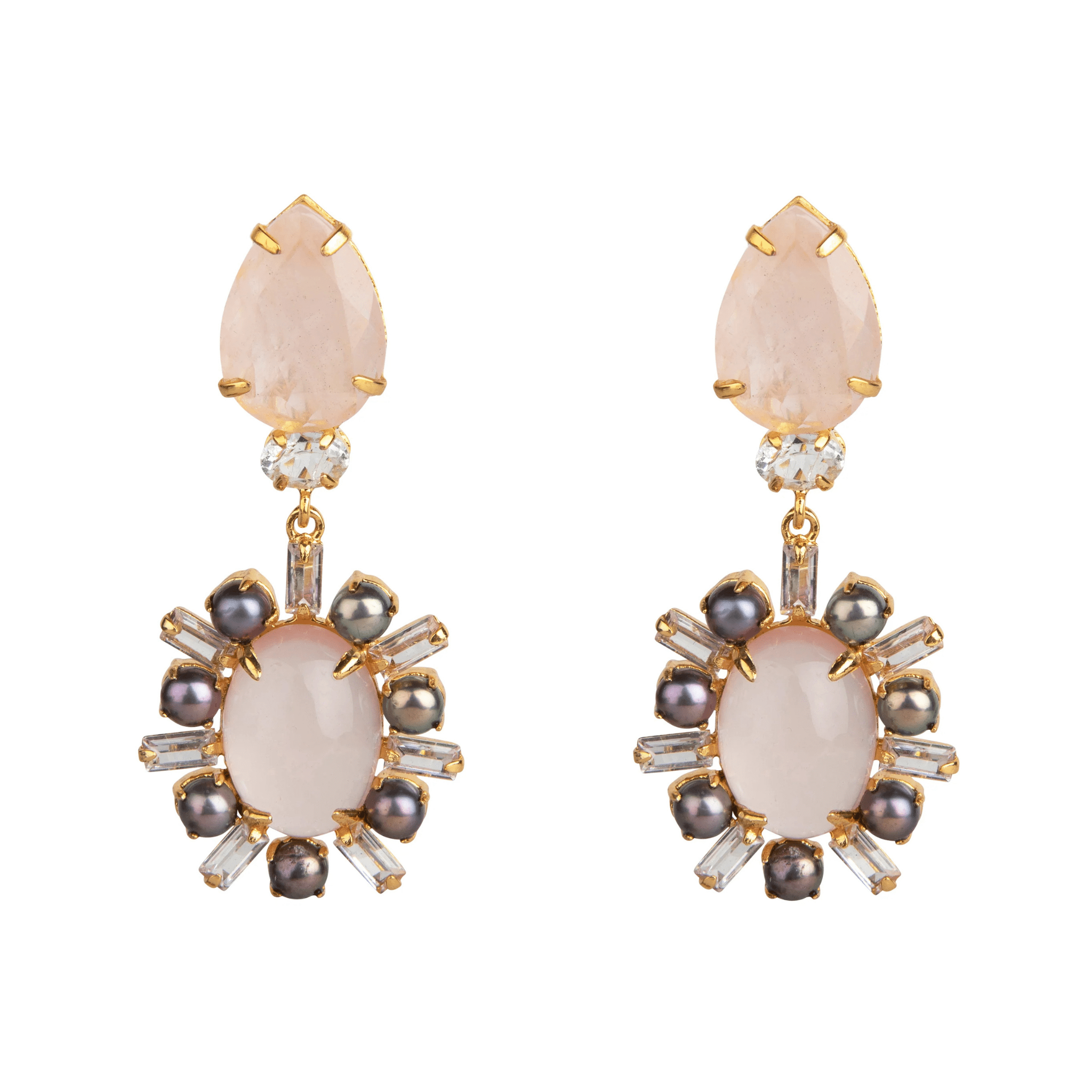 EARRINGS CLEAR QUARTZ AND GREY PEARLS - C'SANTOS